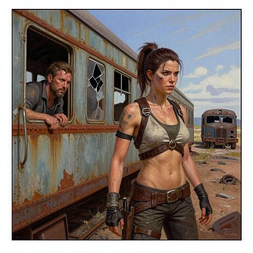 Digital artwork: Tough, muscular woman with brown ponytail, black crop top, and leather gear stands near rusted train, man peers from window,