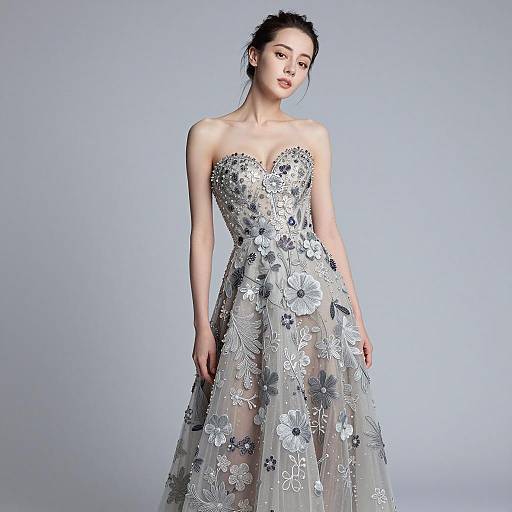 Elegant Woman in Silver Floral Gown