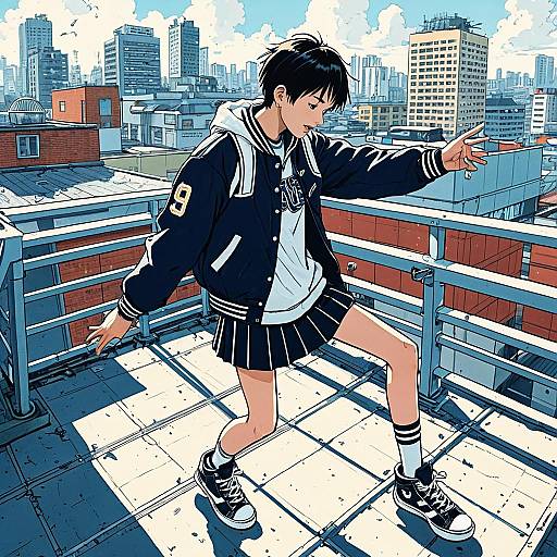 Energetic Teen on Urban Rooftop Manga Style