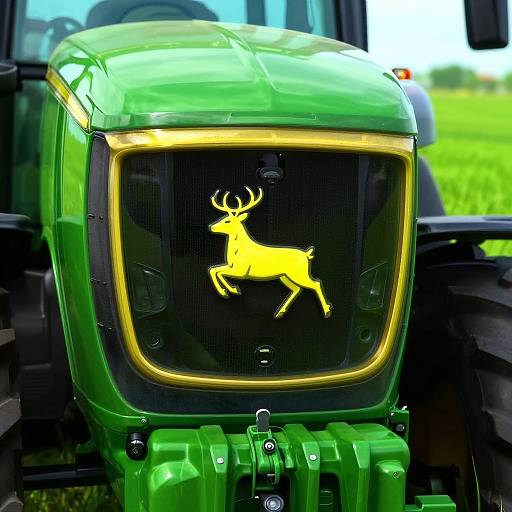 Photograph of a shiny, green John Deere tractor with a glowing yellow deer emblem on the front grille, set against a blurred rural background.