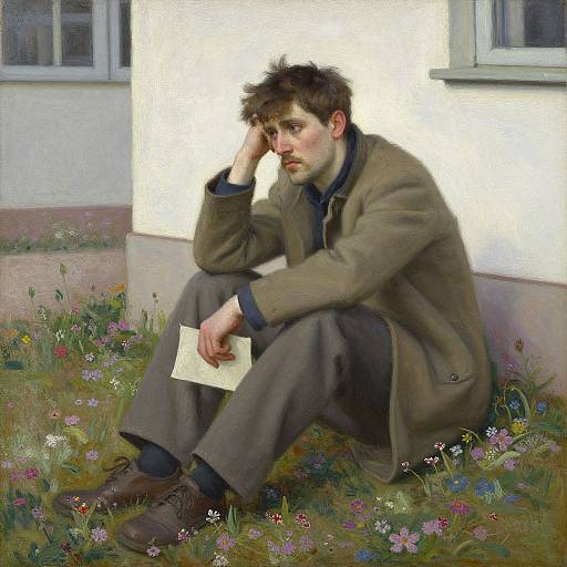 Realistic digital painting of a pensive young man with tousled brown hair, wearing a brown coat and gray pants, sitting on grassy flowers,