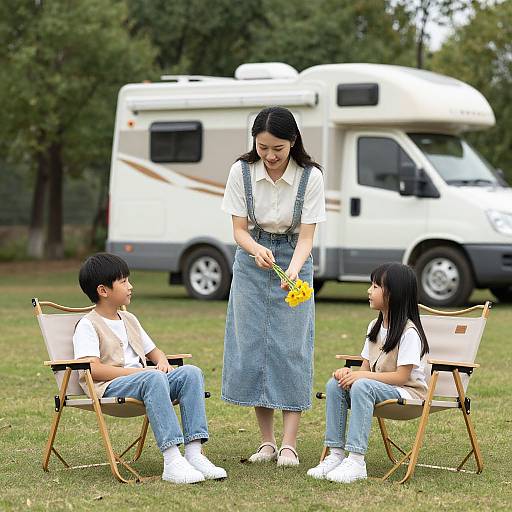 Photograph of an Asian woman in a denim dress, holding yellow flowers, smiling, standing between two children in white shirts and jeans, seated on fold
