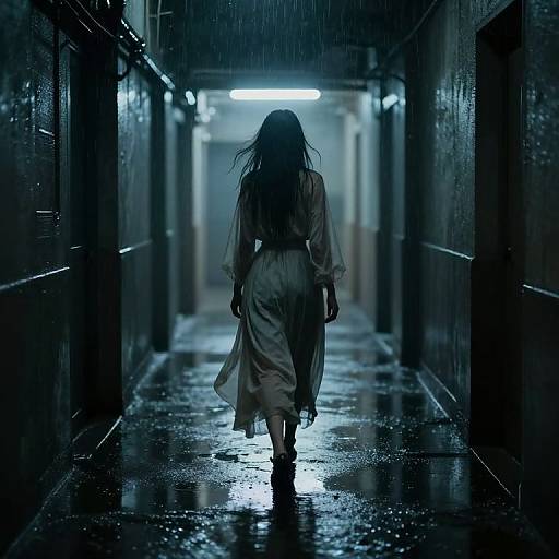 Photograph of a lone woman in a long, white, flowing dress, walking down a dark, rain-soaked corridor with bright blue lighting at the