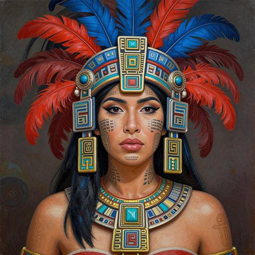 Digital artwork of an Indigenous woman with tan skin, dark hair, and blue-red feather headdress, wearing intricate turquoise and gold jewelry, against a dark