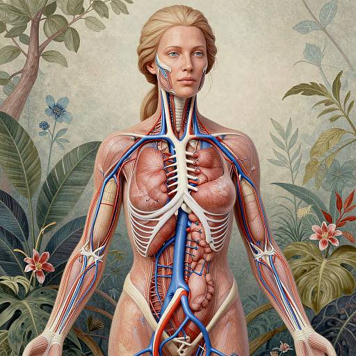 Digital artwork of a blonde woman with visible anatomical structures, including muscles, bones, and blue arteries, in a lush, tropical background.