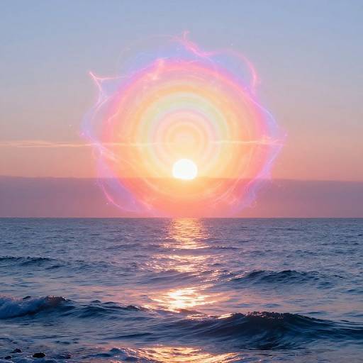 Photograph of a surreal sunset over the ocean, with a glowing, pink and purple halo surrounding the sun, reflecting on the rippling water.