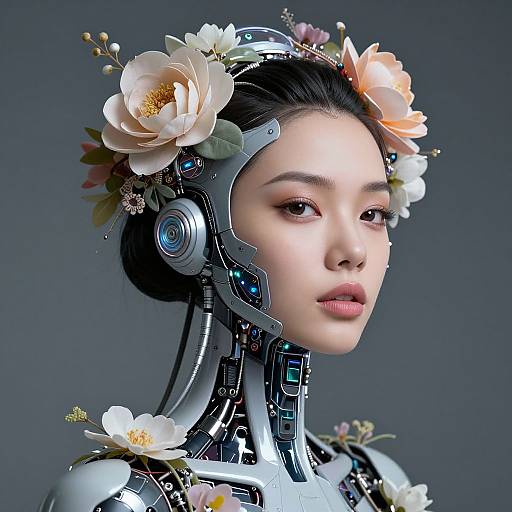 Digital artwork of an Asian woman with cybernetic headgear, adorned with white and pink flowers, against a dark gray background.