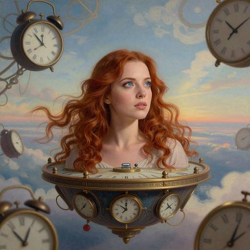 Digital artwork of a red-haired woman with blue eyes, floating in a clock sphere, surrounded by floating clocks, against a cloudy sky background. Fantasy,