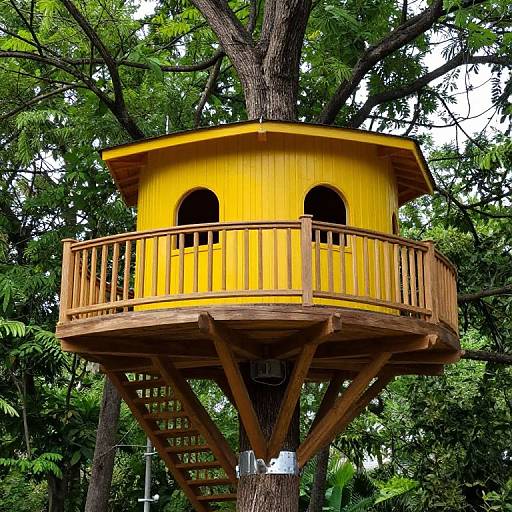 Vibrant Yellow Treehouse in Forest