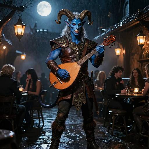 Cobalt Tiefling Bard in Moonlit Tavern