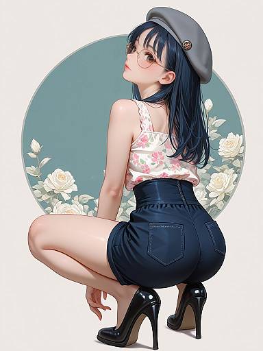 Parisian Woman in Floral Top and Beret