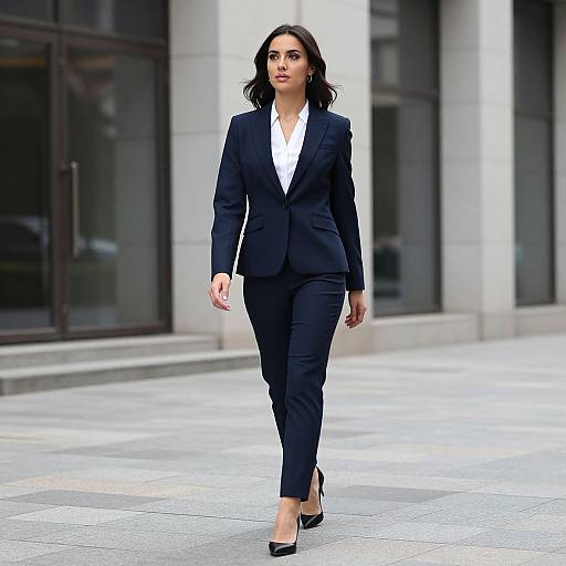 Photograph of a confident woman with dark hair, wearing a black blazer, white shirt, black pants, and black heels, walking on a city