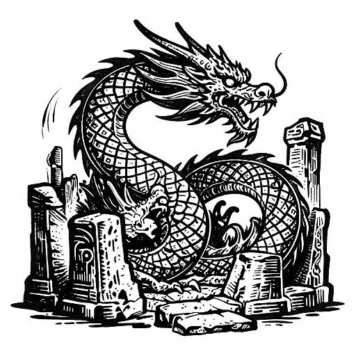 Black-and-white digital drawing of two intricately detailed, coiling dragons amidst a shattered, skyscraper-like cityscape, rendered in a bold, high