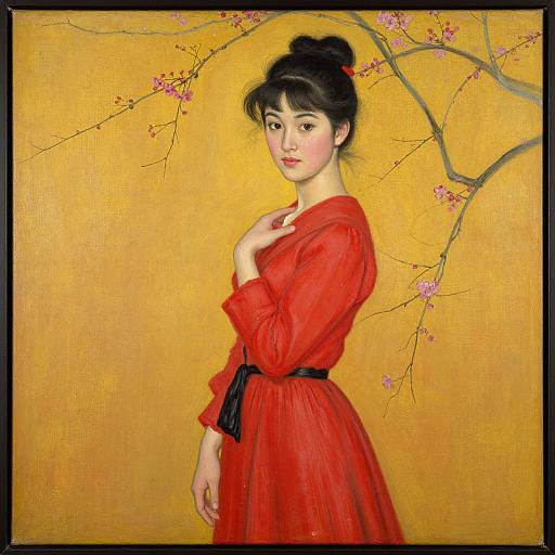 Traditional Japanese painting of an East Asian woman in a red dress, black sash, black hair bun, against a yellow background with cherry blossoms.
