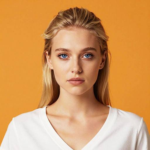 Photograph of a young blonde woman with blue eyes, wearing a white V-neck shirt, against a vibrant orange background.