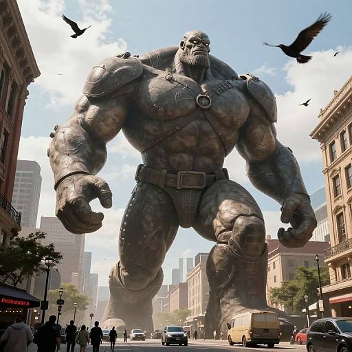 Photorealistic CGI of a giant, muscular, bronze-skinned superhero statue with a belt and harness, towering over a busy city street with buildings,