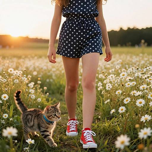 Teenage Girl Walking with Tabby Kitten in Daisy Meadow at Sunset