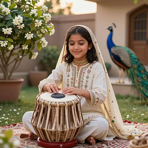 Pakistani Girl Playing Tabla in Garden