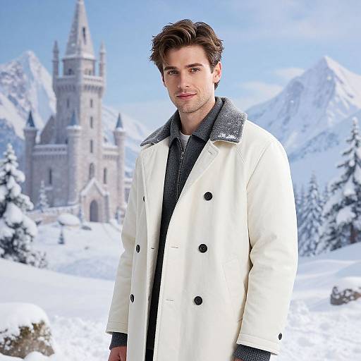 Photograph of a handsome man with brown hair, wearing a white double-breasted coat, standing in a snowy mountain landscape with a castle in the background