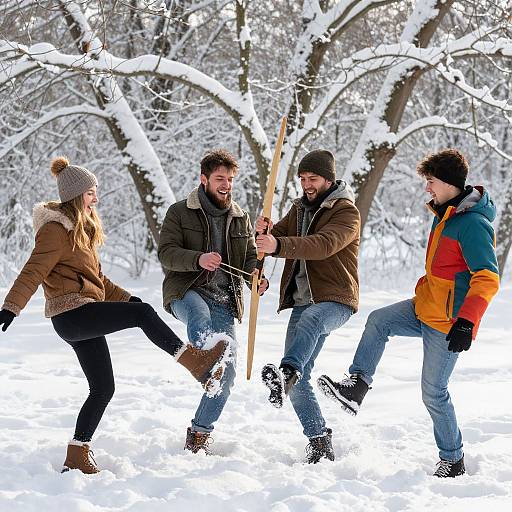 Photograph of four adults in winter clothes, playing with a wooden stick in a snowy forest, laughing and kicking up snow.