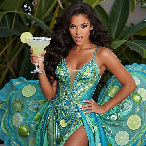 Photograph of a stunning Black woman with long, wavy hair in a vibrant, turquoise and green sequined dress, holding a lemon cocktail, surrounded
