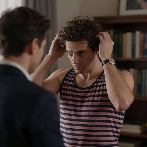 Man Adjusting Hair in Dimly Lit Room