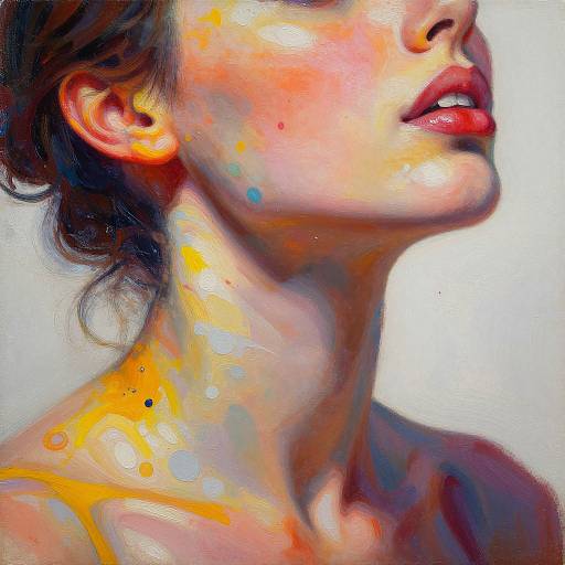 Digital painting of a woman's neck and lips in vibrant colors, showcasing orange, yellow, blue, and red splashes on smooth skin, with dark