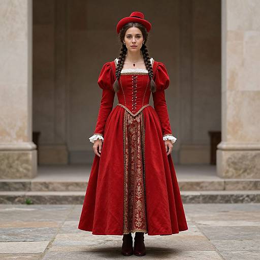 Photograph of a young woman in a red Renaissance-style gown with puffed sleeves, lace trim, and braided hair, standing in front of a