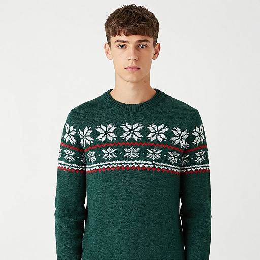 Photograph of a young man with short brown hair, fair skin, and blue eyes, wearing a green knitted sweater with white and red snowflake