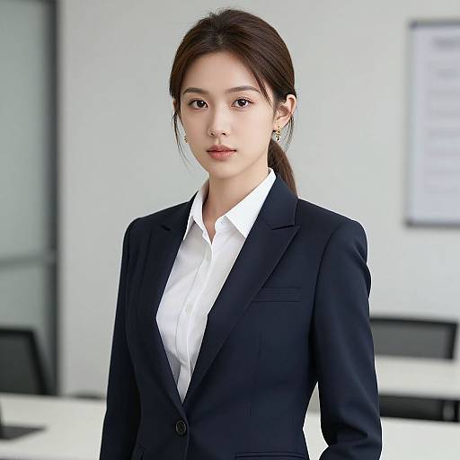 Photograph of an Asian woman with fair skin, dark hair in a ponytail, wearing a black blazer and white shirt, standing in a modern