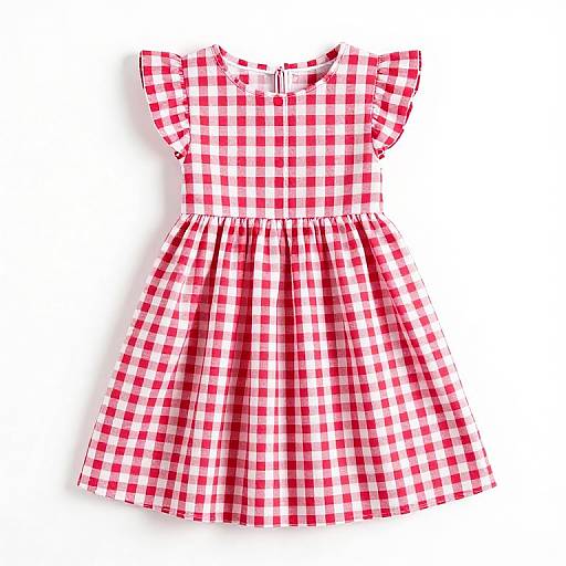 Cute red and white gingham checkered dress with short sleeves and a gathered waist, displayed against a white background.