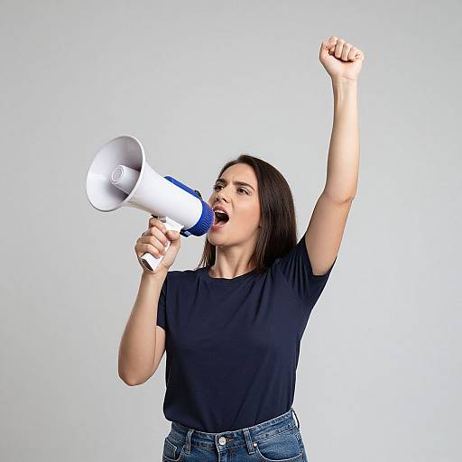 Photograph of a young woman with long dark hair, wearing a black t-shirt and blue jeans, passionately shouting into a white and blue megaphone