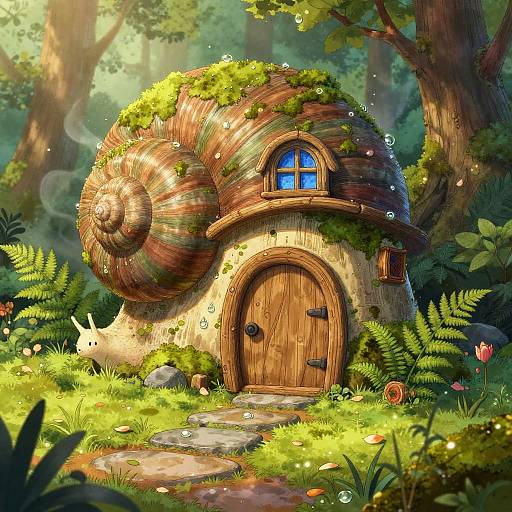 Whimsical, moss-covered, spiral-hut nestled in a sunlit forest clearing with a wooden door, small window, and stone path surrounded by