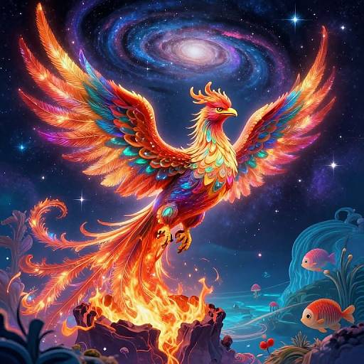 Vibrant digital artwork of a fiery phoenix with colorful feathers, wings spread wide, standing on a rock in a cosmic underwater scene with glowing fish and