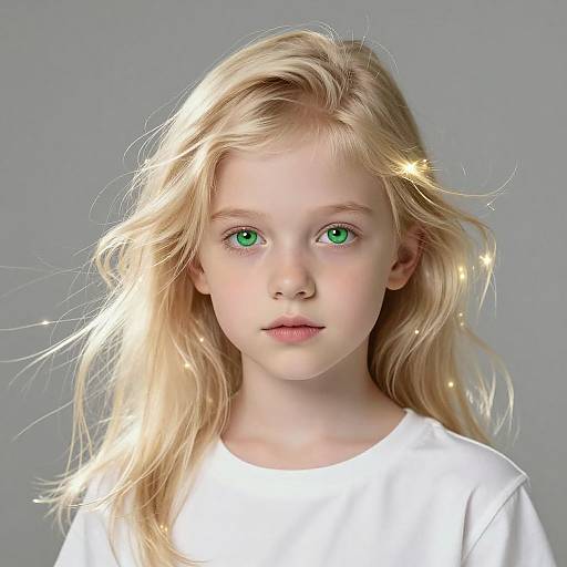Photograph of a young blonde girl with green eyes, wearing a white shirt, against a grey background, with soft, glowing light effects in her hair