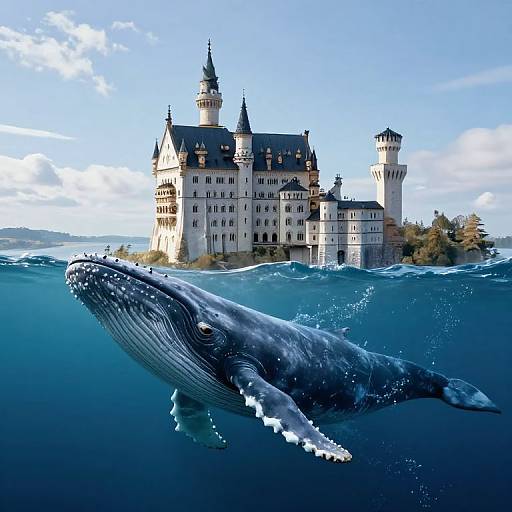 Photograph of a massive blue whale swimming near a fantasy-style, castle-like building with towers, surrounded by clear blue water and sky.