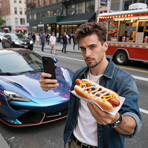 Trendy Man with Hot Dog and Sports Car