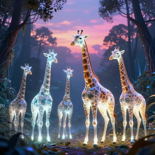 Glowing, illuminated giraffes with neon patterns stand in a mystical forest at sunset, surrounded by dark trees and vibrant pink-purple sky. Digital