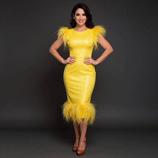 Photograph of a smiling woman with dark hair, wearing a bright yellow, feather-trimmed, form-fitting dress, and brown heels, standing