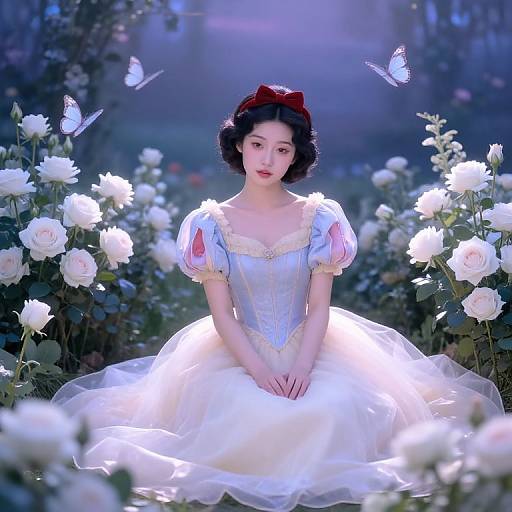 Photorealistic digital art of a fair-skinned, dark-haired woman in a white, puffed-sleeve, corseted ball gown,