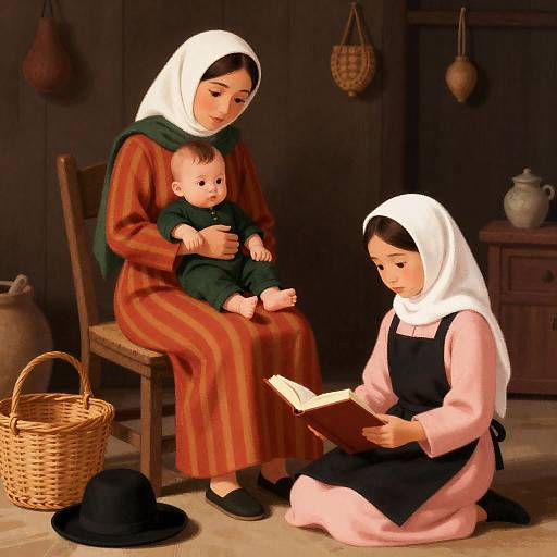 Cozy Rustic Room Family Illustration