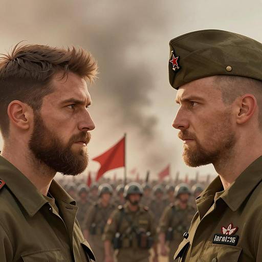 Intense Bearded Men Amidst Soldiers