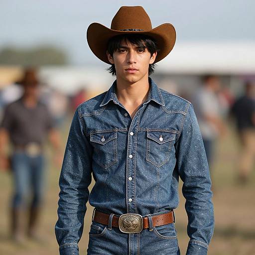 Photograph of a young man with medium skin tone, wearing a brown cowboy hat, blue denim shirt, and brown belt with a silver buckle, standing