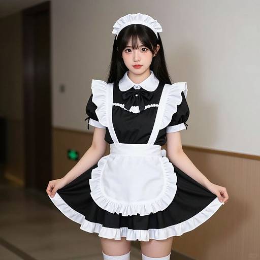 Photograph of an Asian woman with long black hair, wearing a black and white French maid outfit, standing in a dimly lit hallway.