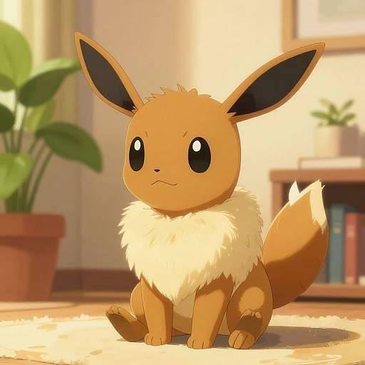 Digital illustration of a cute, fluffy Eevee Pokémon with large black eyes and a cream-colored collar, sitting on a sunlit carpet in a cozy