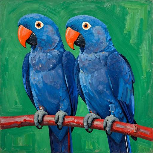 Vibrant Blue Parrots on Red Branch