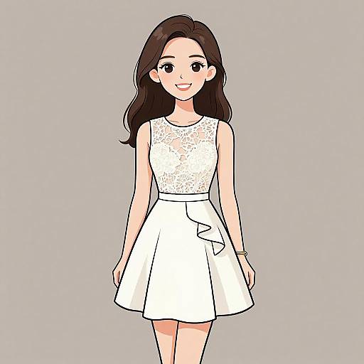 Digital anime-style drawing of a smiling young woman with long brown hair, wearing a white lace sleeveless top and white skirt.