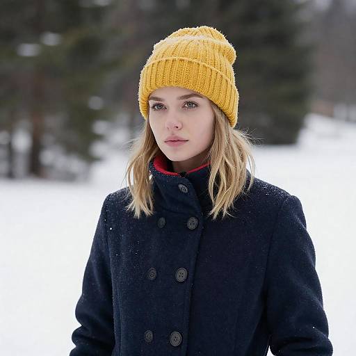 Blonde Woman in Yellow Beanie, Snowy Pines