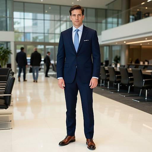 Photograph of a tall, attractive man with short brown hair, wearing a black suit, light blue shirt, and brown shoes, standing in a modern