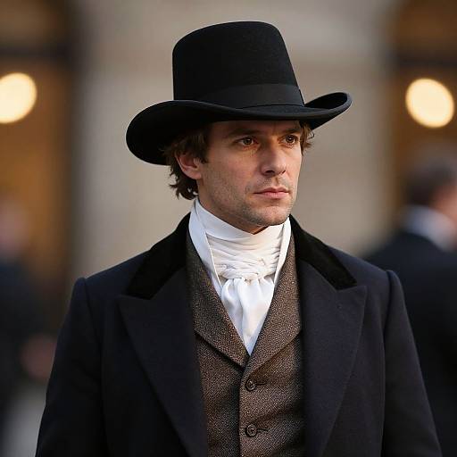 Photograph of a serious, handsome man with light skin, wearing a black top hat, white cravat, brown tweed waistcoat, and